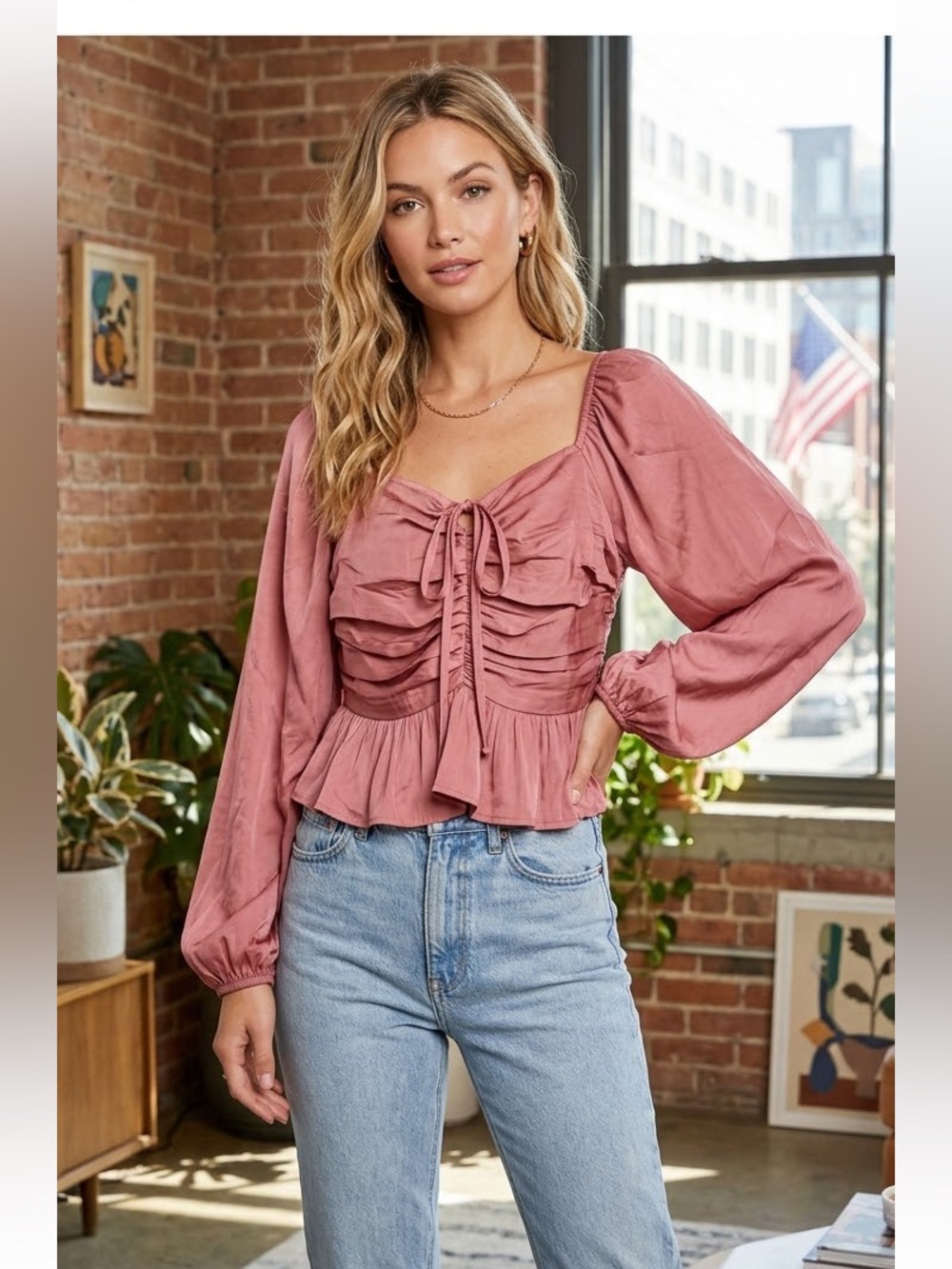 Promesa Rose-Pink Ruffled Tie-Front Peplum Blouse